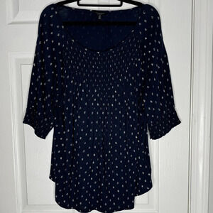 LUCKY BRAND Ditzy Floral Flowy Navy Top Ruched Detailing Size L Boho‎